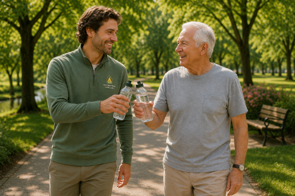 Caregiver walking with client in the park