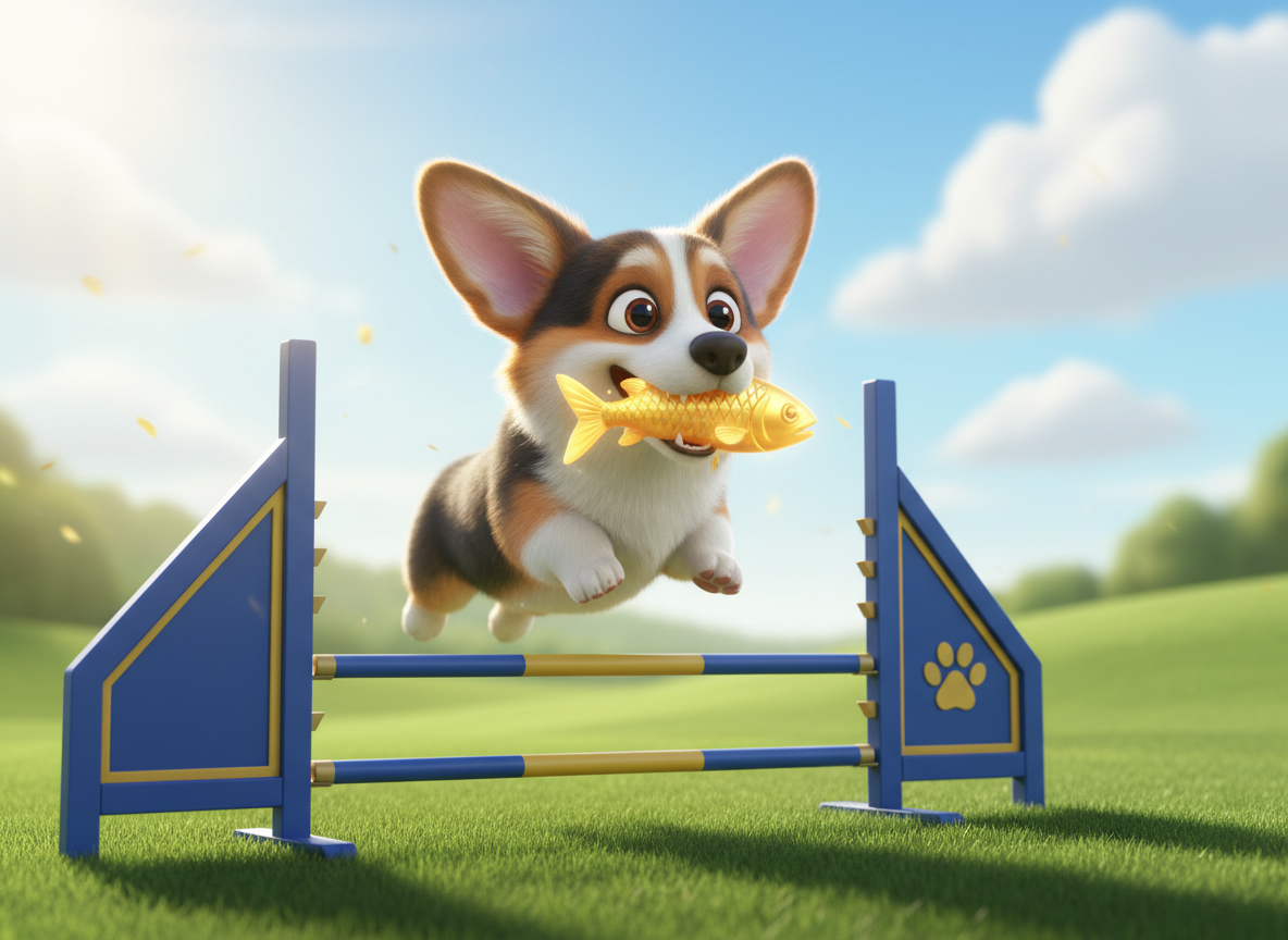 Collins the Corgi leaping over an agility hurdle holding a fish