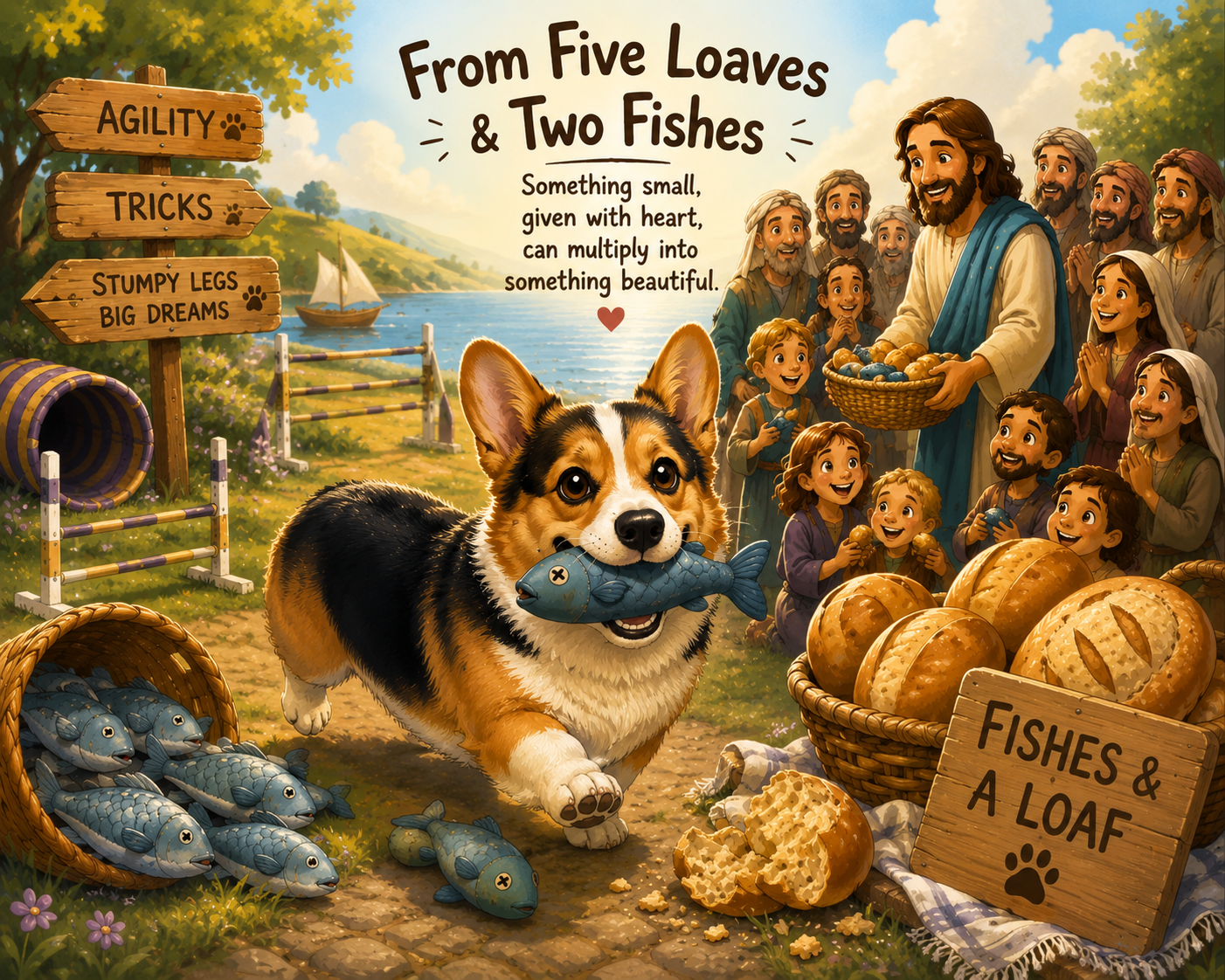 Whimsical illustration of Collins the Corgi at a Biblical feast with treats