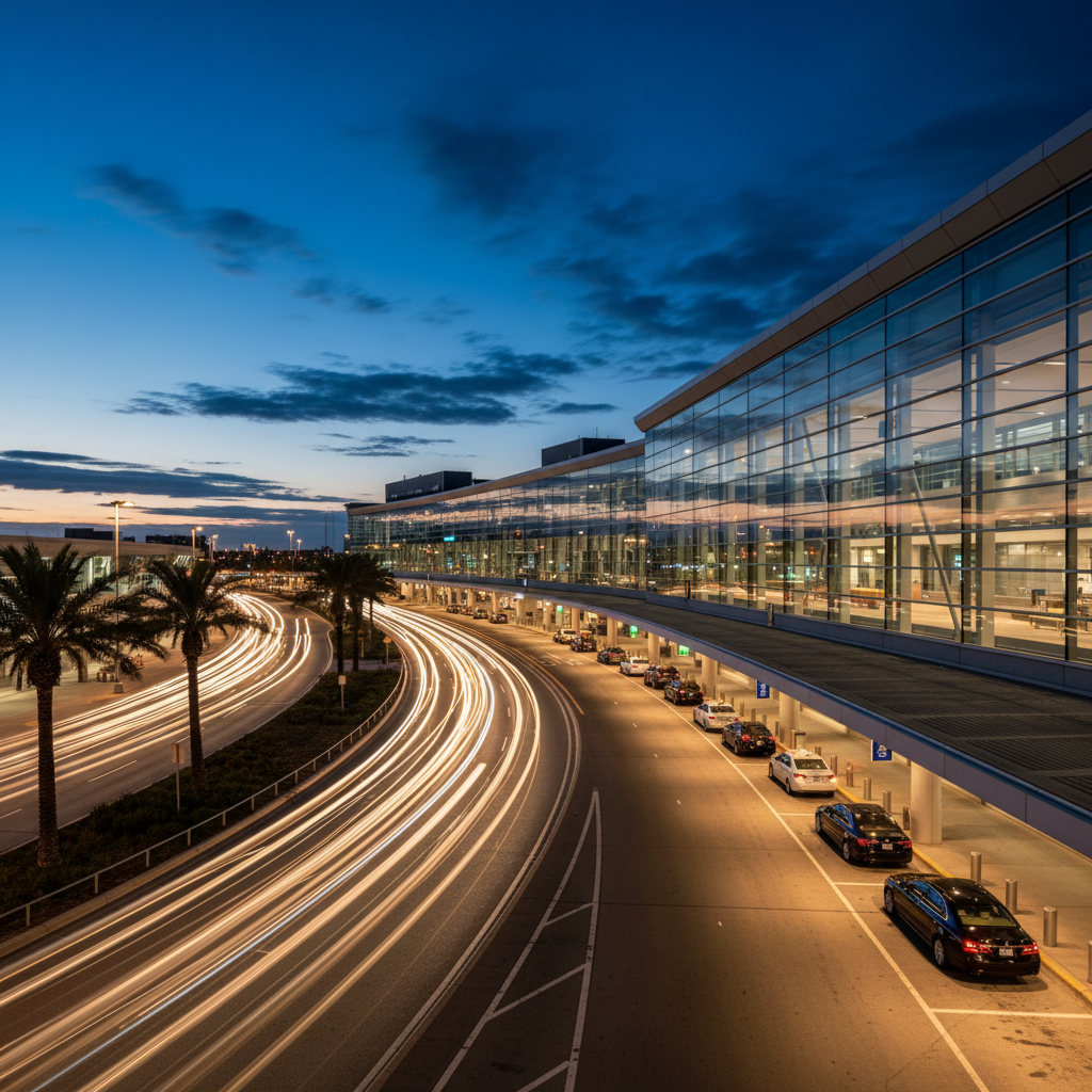 Toronto Pearson International Airport at night with golden light trails