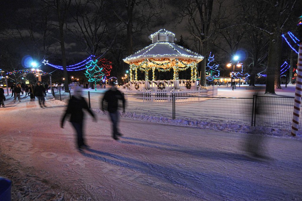 Gage Park gazebo illuminated with festive holiday lights at night