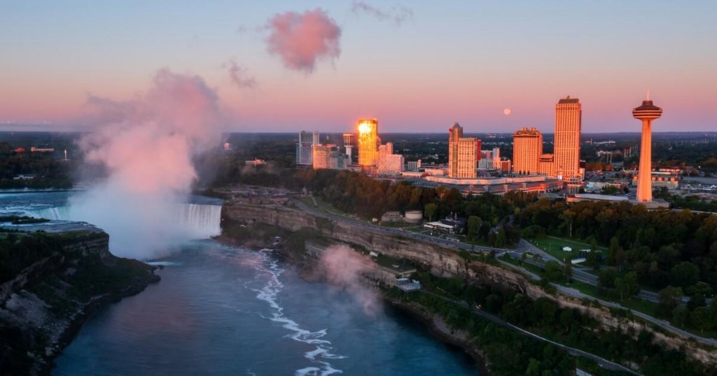 Aerial sunset view of Horseshoe Falls and Niagara skyline