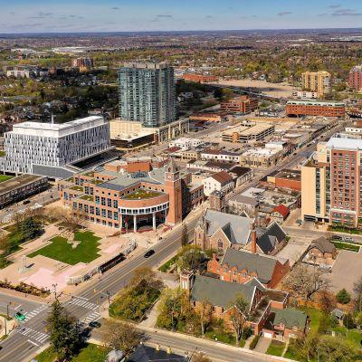 Brampton City Hall and Downtown Brampton aerial view
