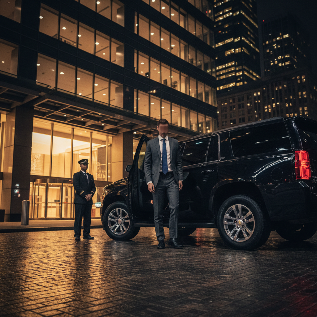 Executive businessman boarding a luxury black SUV in Toronto financial district at night