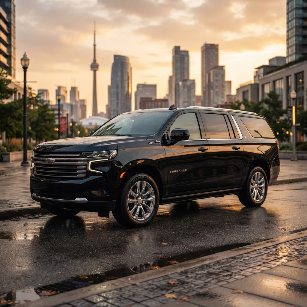 Black Chevrolet Suburban at golden hour — book your Scarborough chauffeur