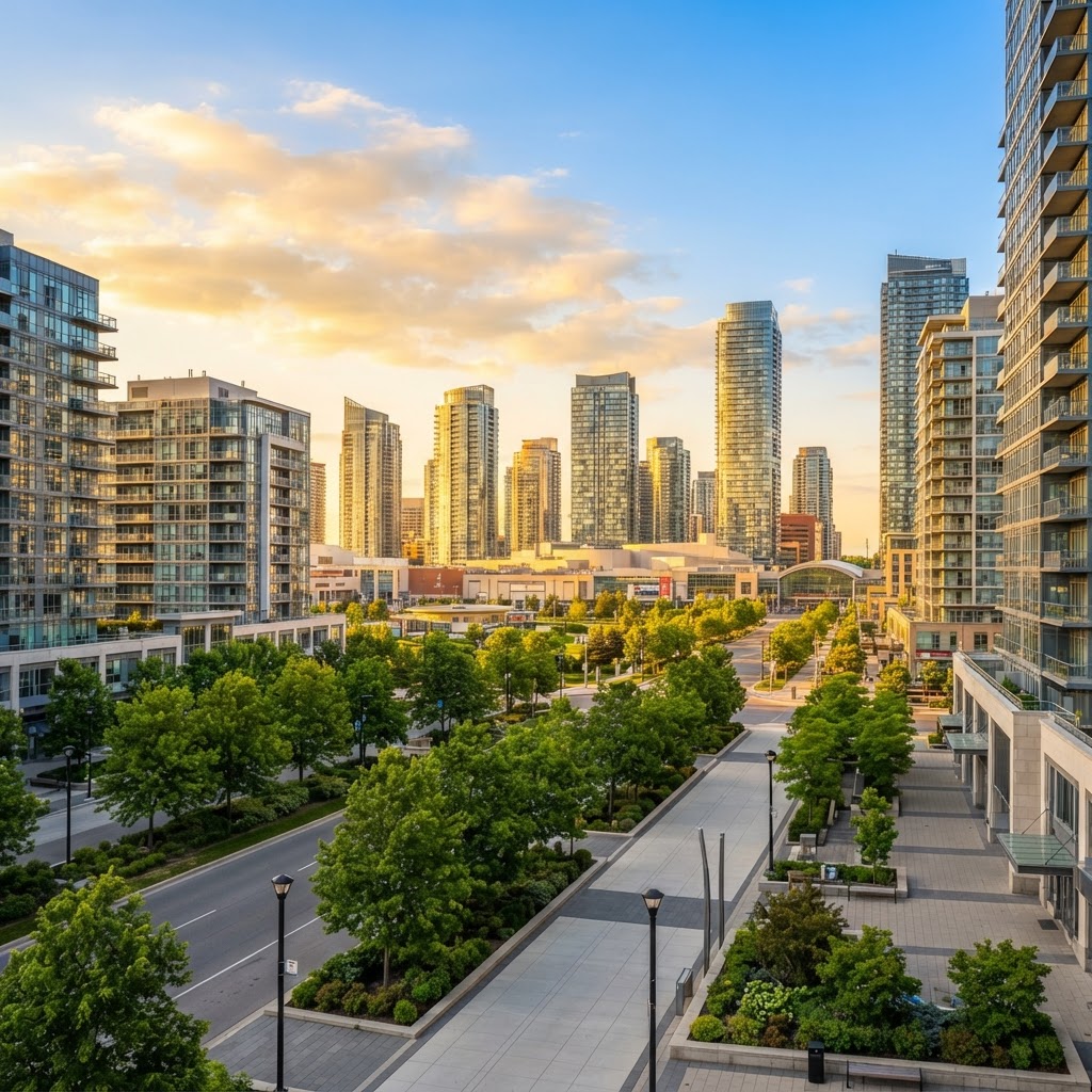 Scarborough Town Centre skyline at golden hour — luxury chauffeur destination in Scarborough, Toronto