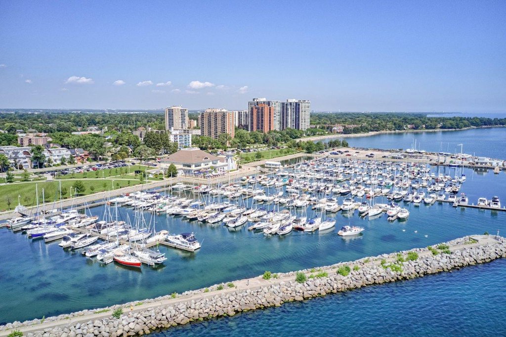 Bronte Harbour marina with sailboats and breakwater in Oakville