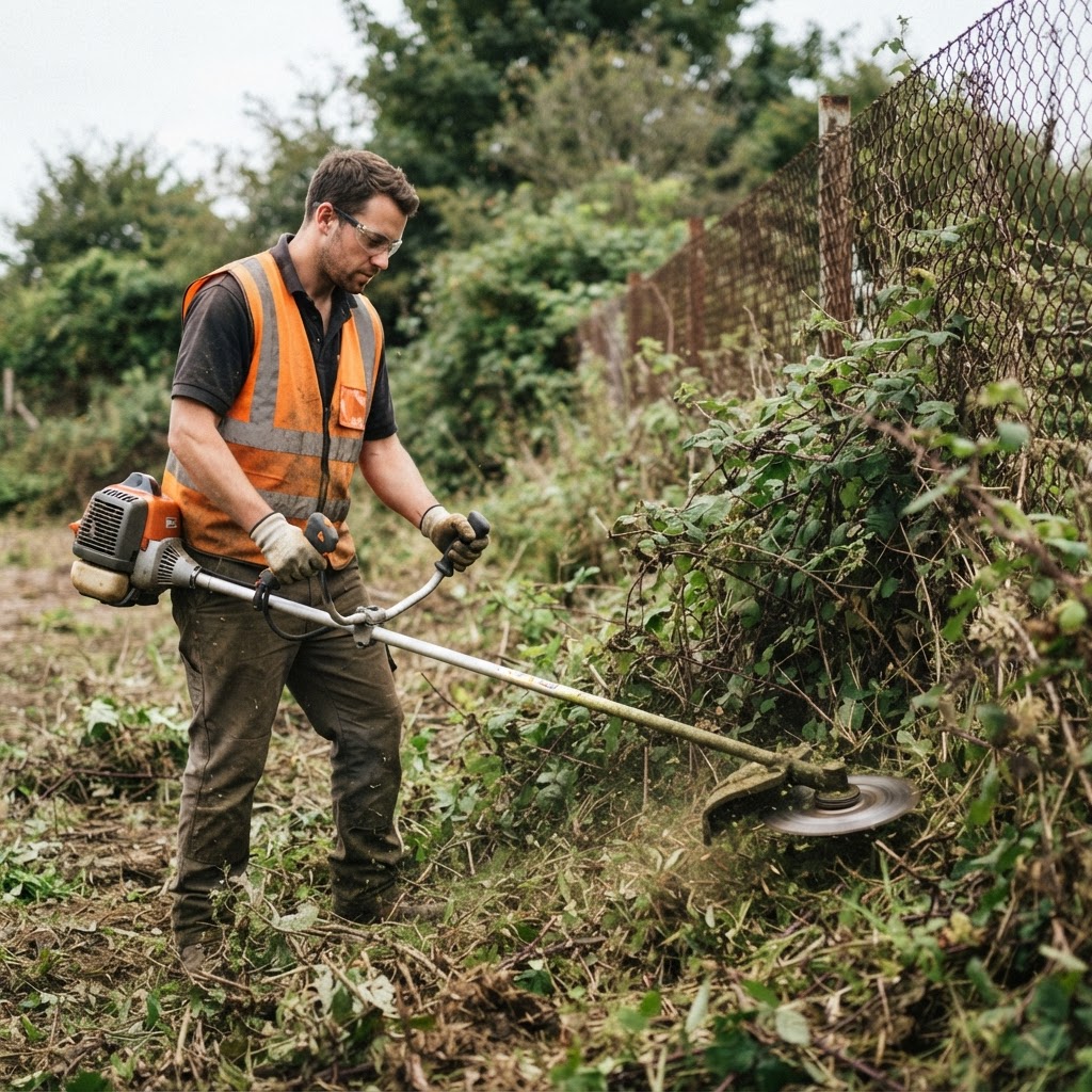 Landscape crew clearing dense blackberry bushes and overgrown brush along a fence line