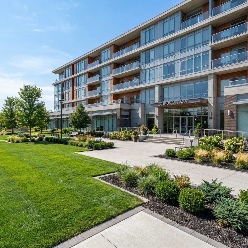 Well-maintained commercial property with freshly cut lawn, crisp edging, and tidy garden beds