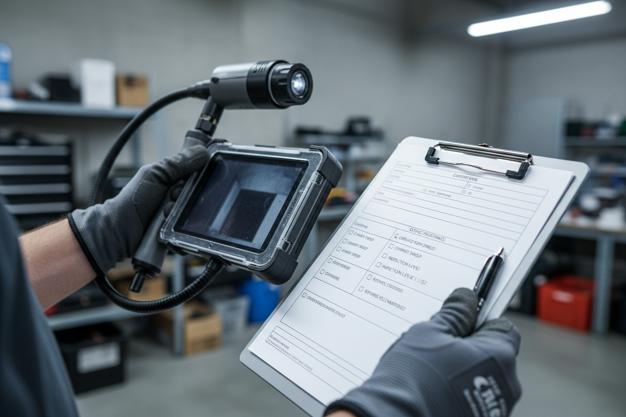 Technician's hands holding a professional chimney inspection camera and service log