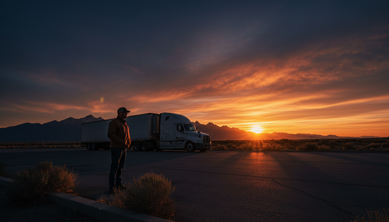 Truck driver silhouette at sunset
