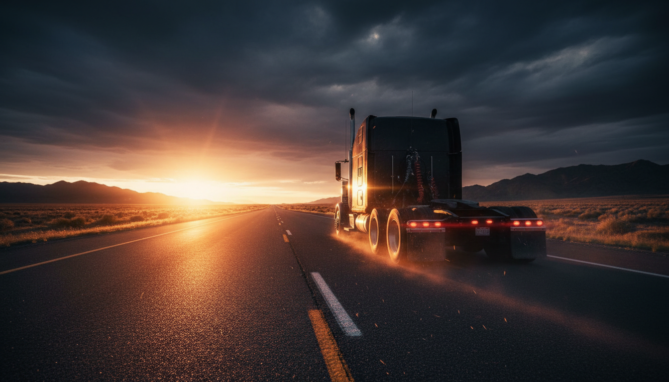 Highway stretching into the sunset with semi-truck