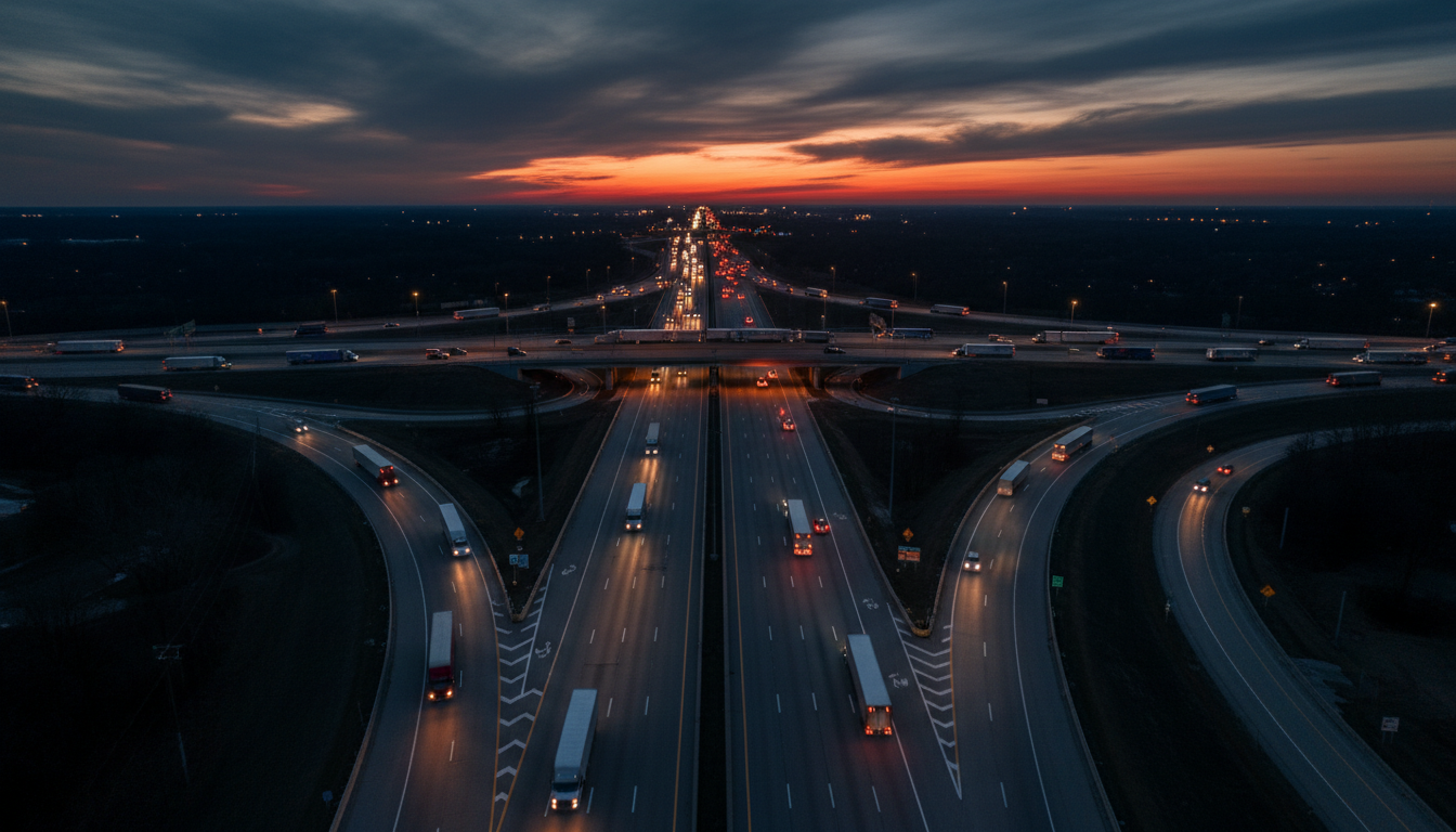Highway aerial view at dusk