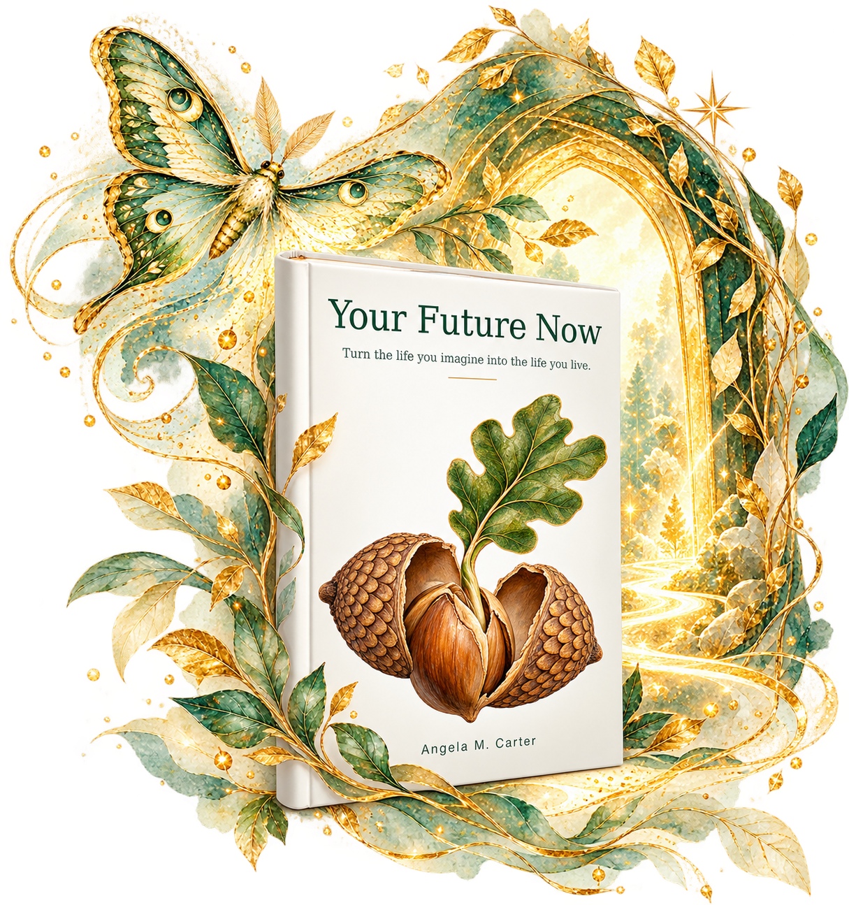 Your Future Now by Angela M. Carter, with its oak leaf and acorn cover surrounded by green and gold botanical artwork