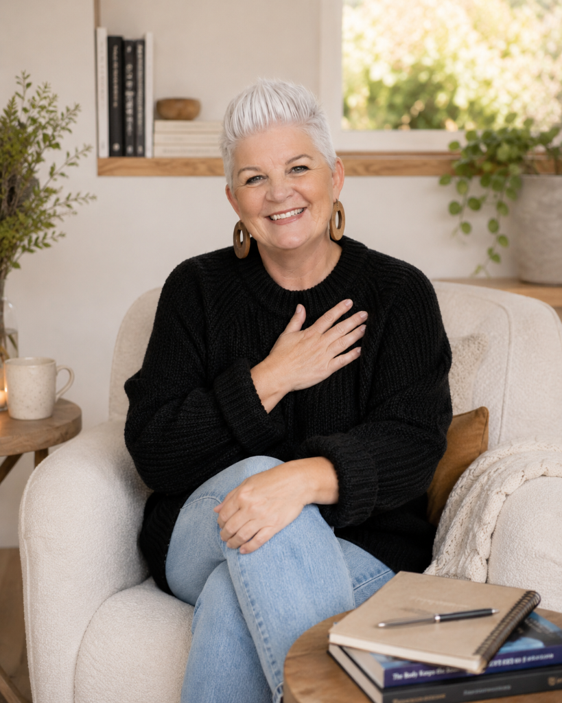 Angela M Carter, founder of Trauma Release Centre, hands on heart
