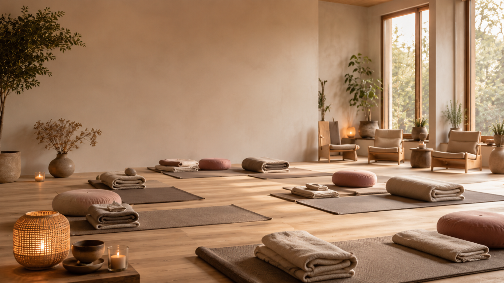 A calm therapy studio with meditation cushions and warm light