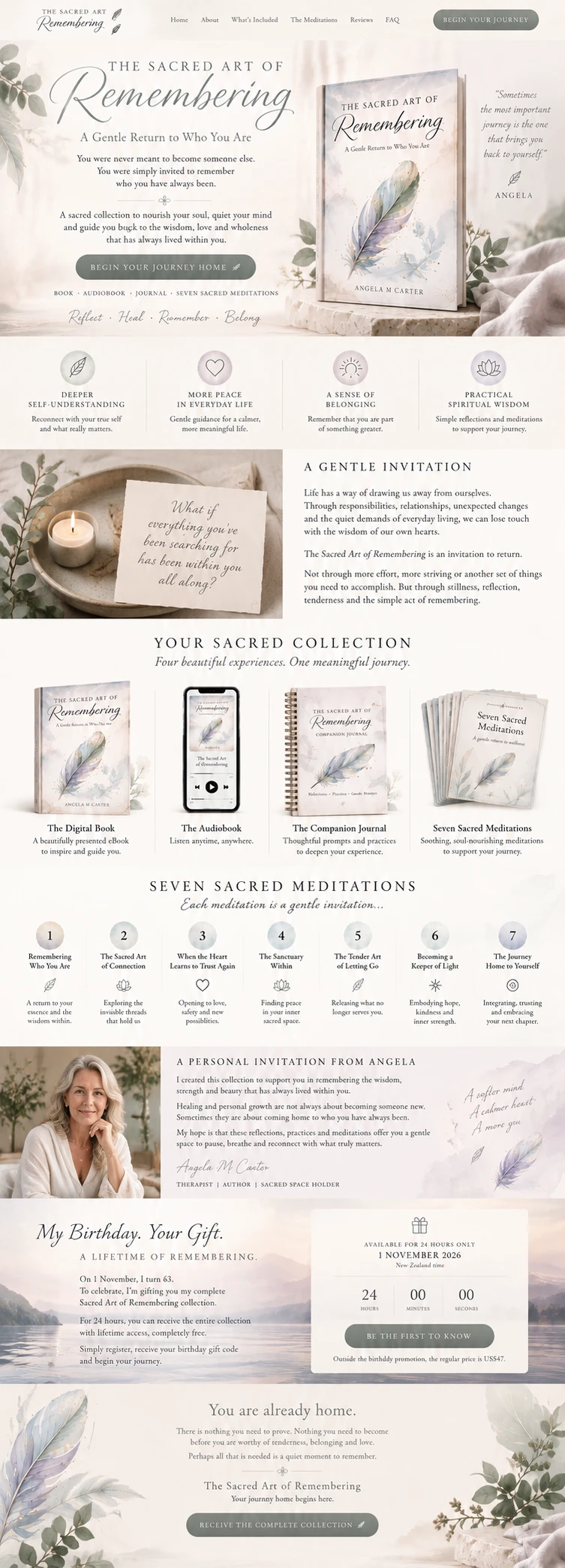 The Sacred Art of Remembering book with its delicate feather cover, soft foliage and warm cream setting