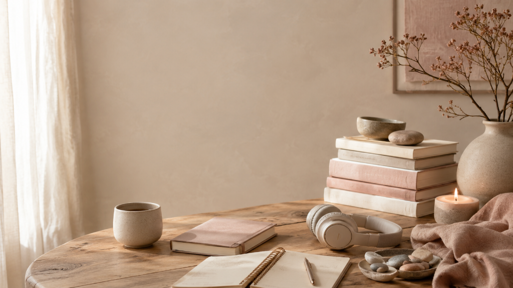 A tranquil workspace with journals, headphones, and stones on a rustic wooden table