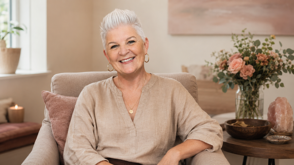 Angela M Carter seated in a calm, softly lit room with flowers and candles