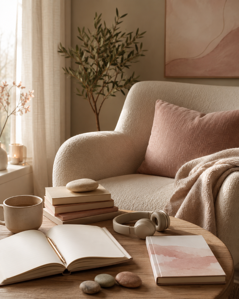 A cozy therapy space with an armchair, books, and journal on a coffee table