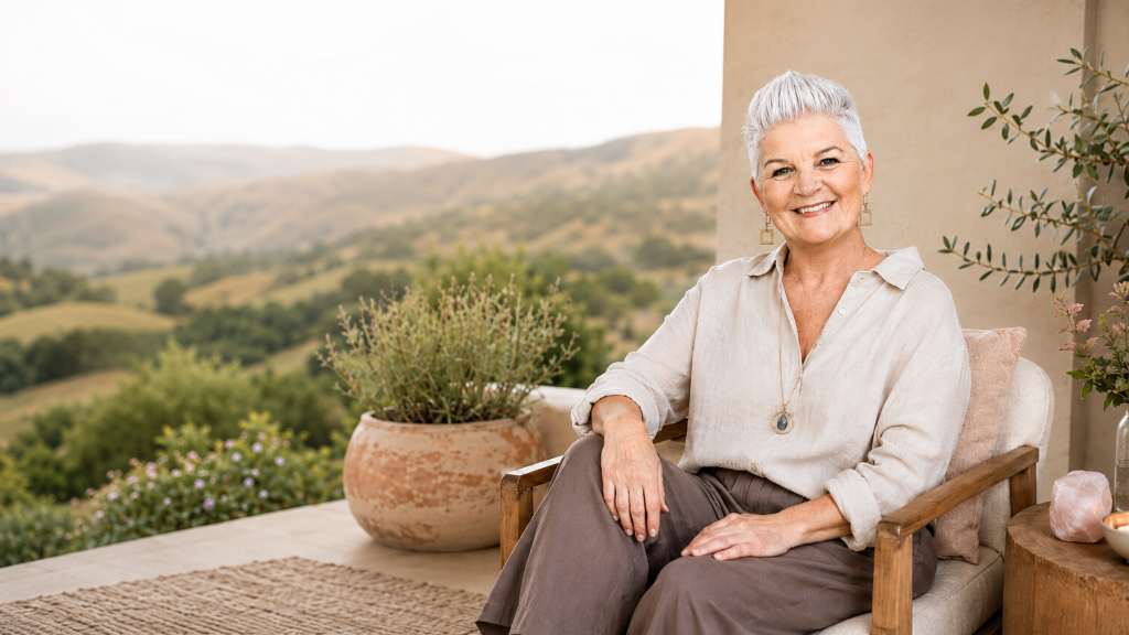 Angela Carter seated on a patio overlooking rolling hills