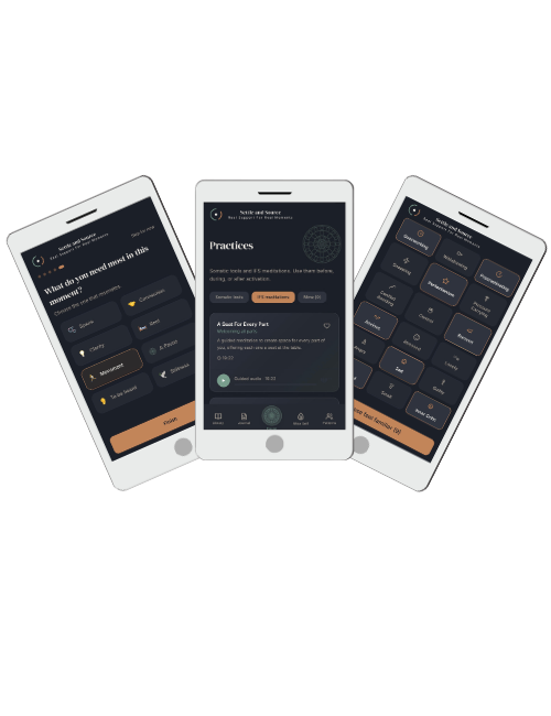 Settle and Source therapeutic support app showing a guided reflection screen with calming interface