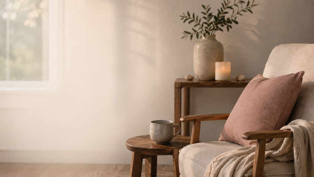 An inviting therapy room with an armchair beside a window