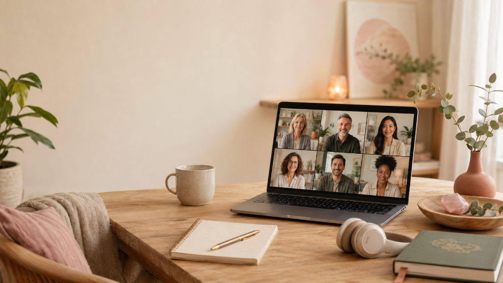 Warm professional workspace with laptop showing online video conference, notebook, headphones, and plants