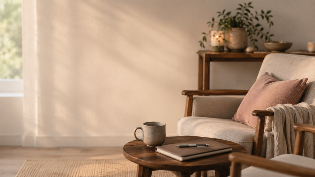 A warm therapy room with an armchair and coffee table
