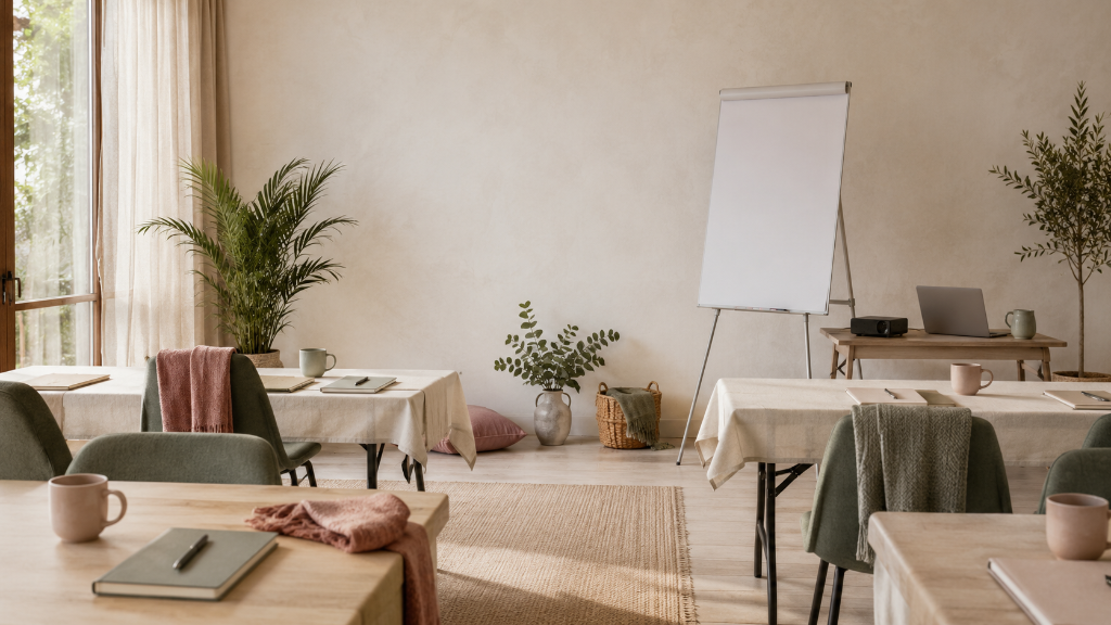 Concinnity training room with sage green chairs and warm earth-toned decor