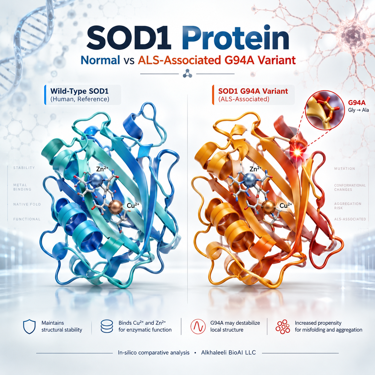Wild-type (blue/teal) vs ALS-associated G94A variant (orange/red) — ribbon comparison, illustrative only
