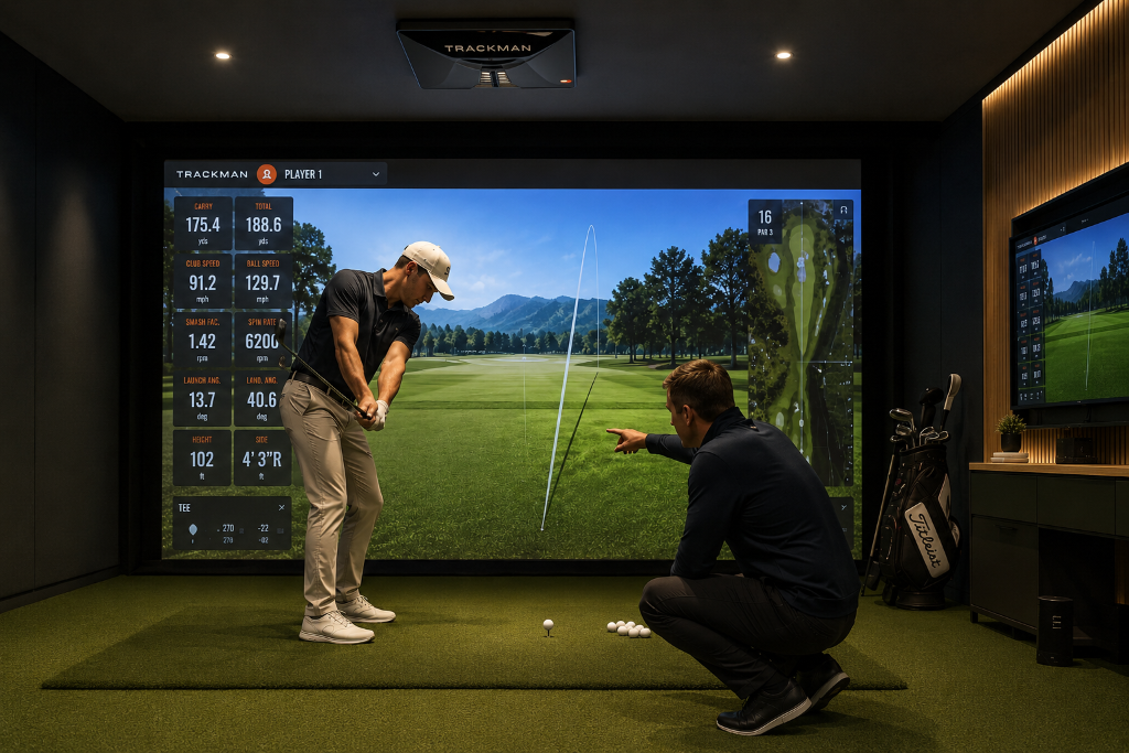 Professional golf lesson in progress at Le Pelican Club with Trackman data analysis
