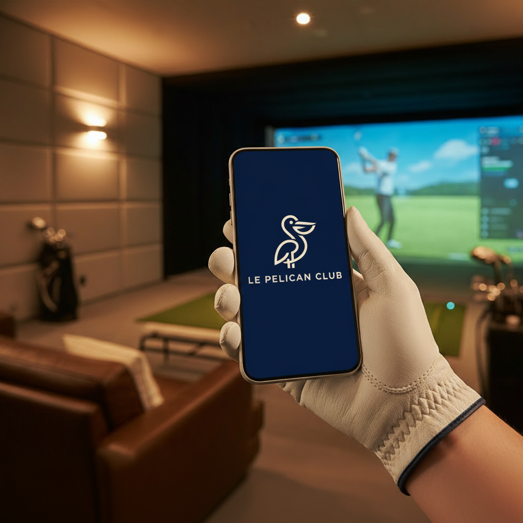 Golfer using the Le Pelican Club mobile app to book a simulator