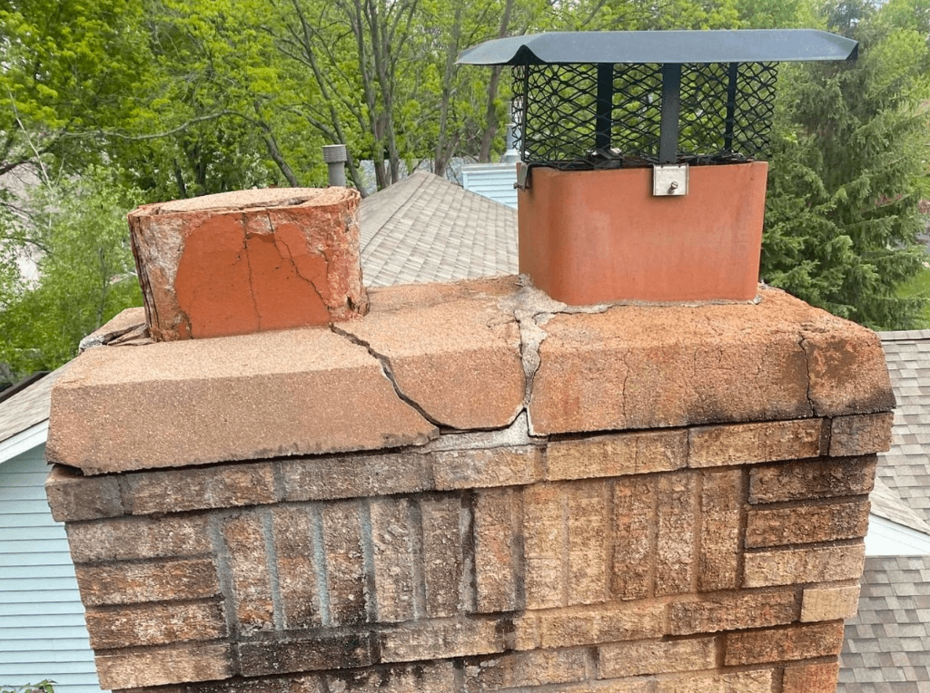 Cracked chimney crown with damaged flue tiles before repair