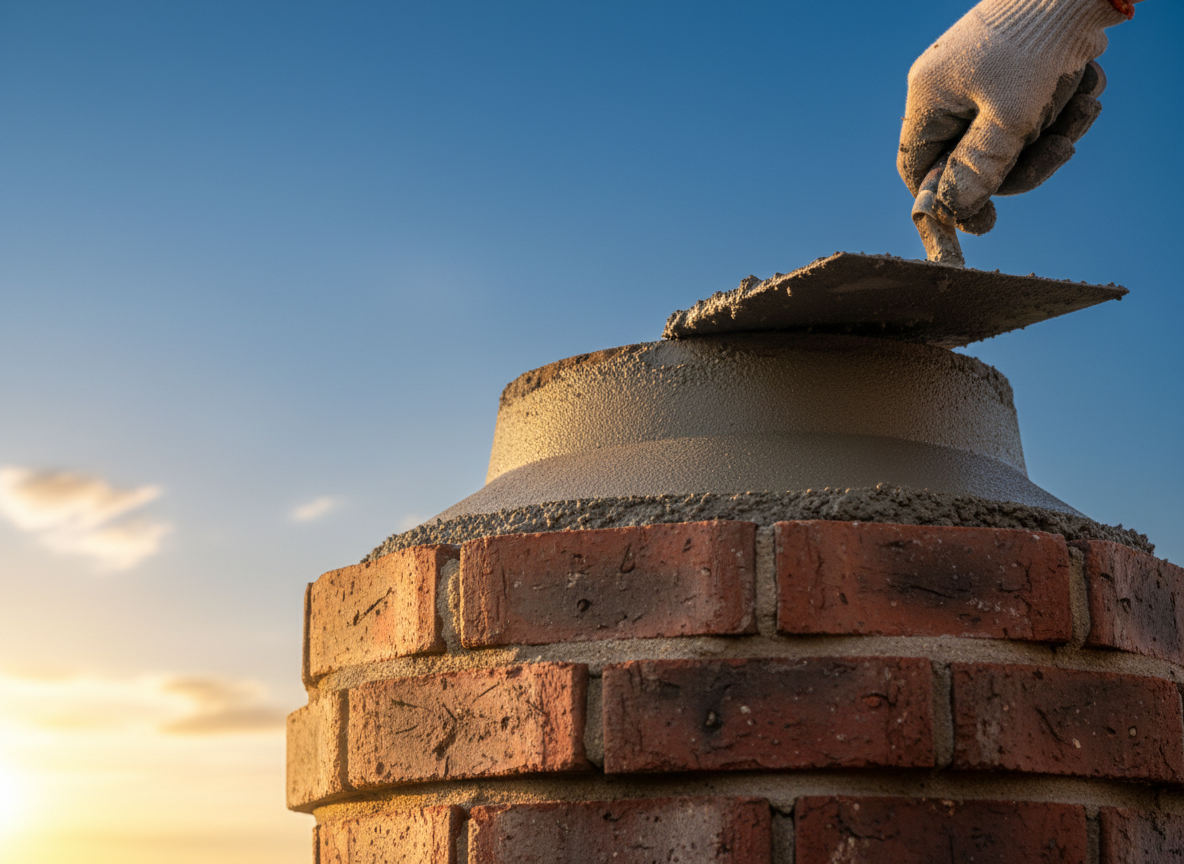 Professional chimney crown repair with fresh mortar