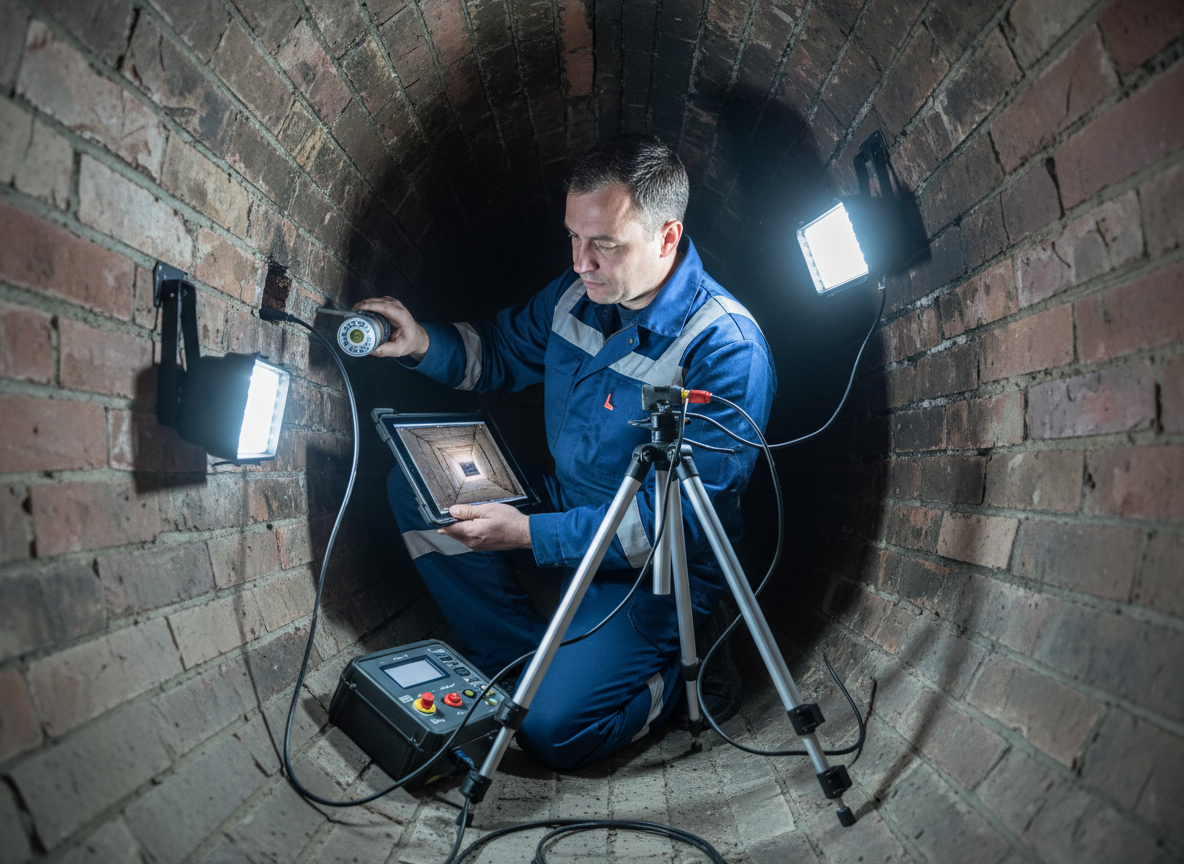 Technician performing chimney inspection with digital camera system