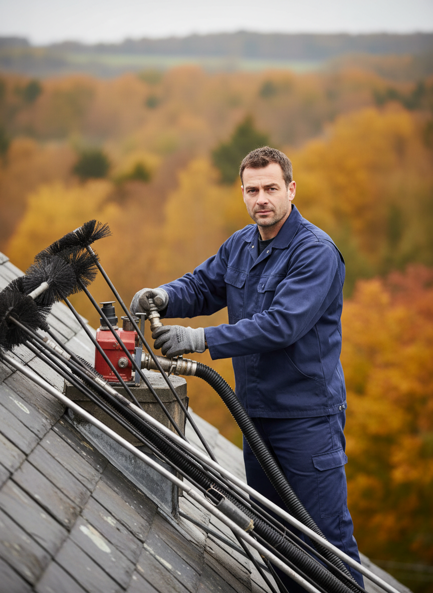 Chimney technician preparing professional equipment