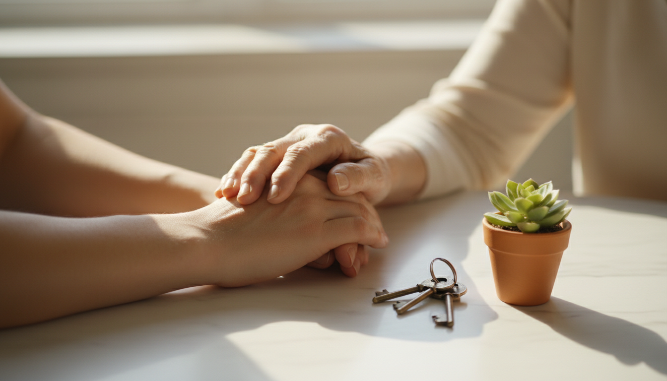 Two hands resting near house keys, suggesting trust and partnership