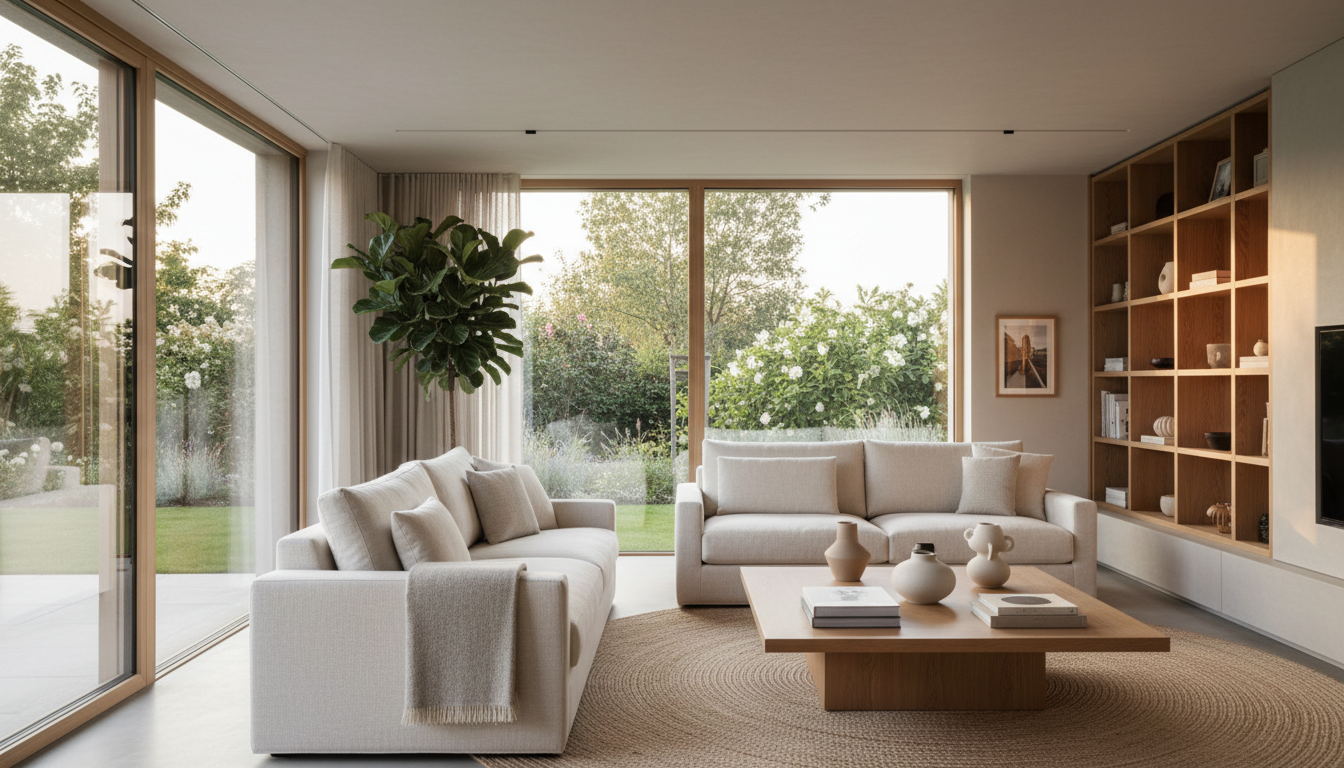 A serene, sun-drenched modern living room suggesting a fresh start