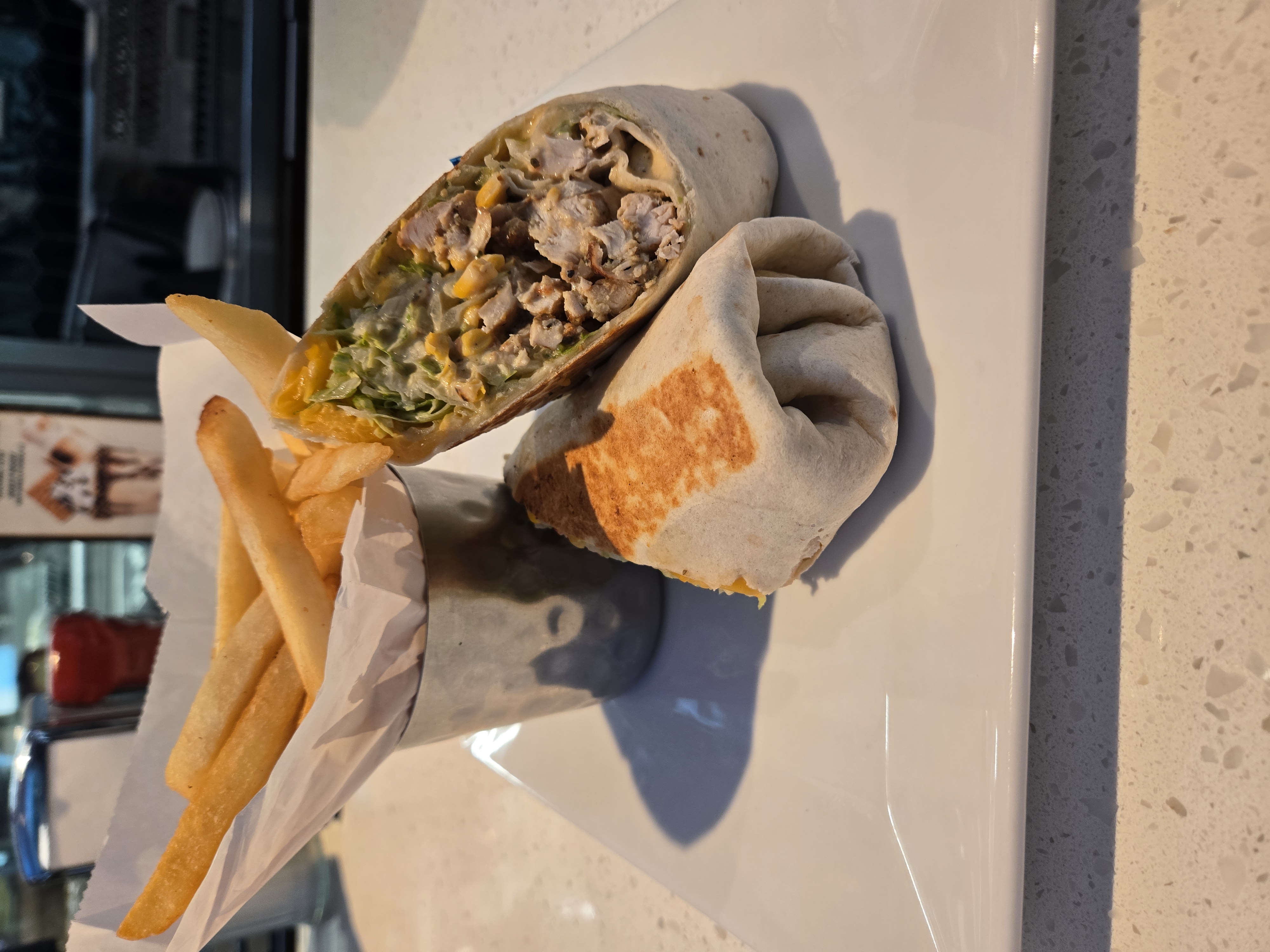 Mexican street corn chicken wrap with fries
