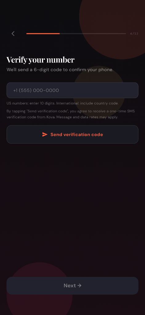 Kova app SMS verification screen