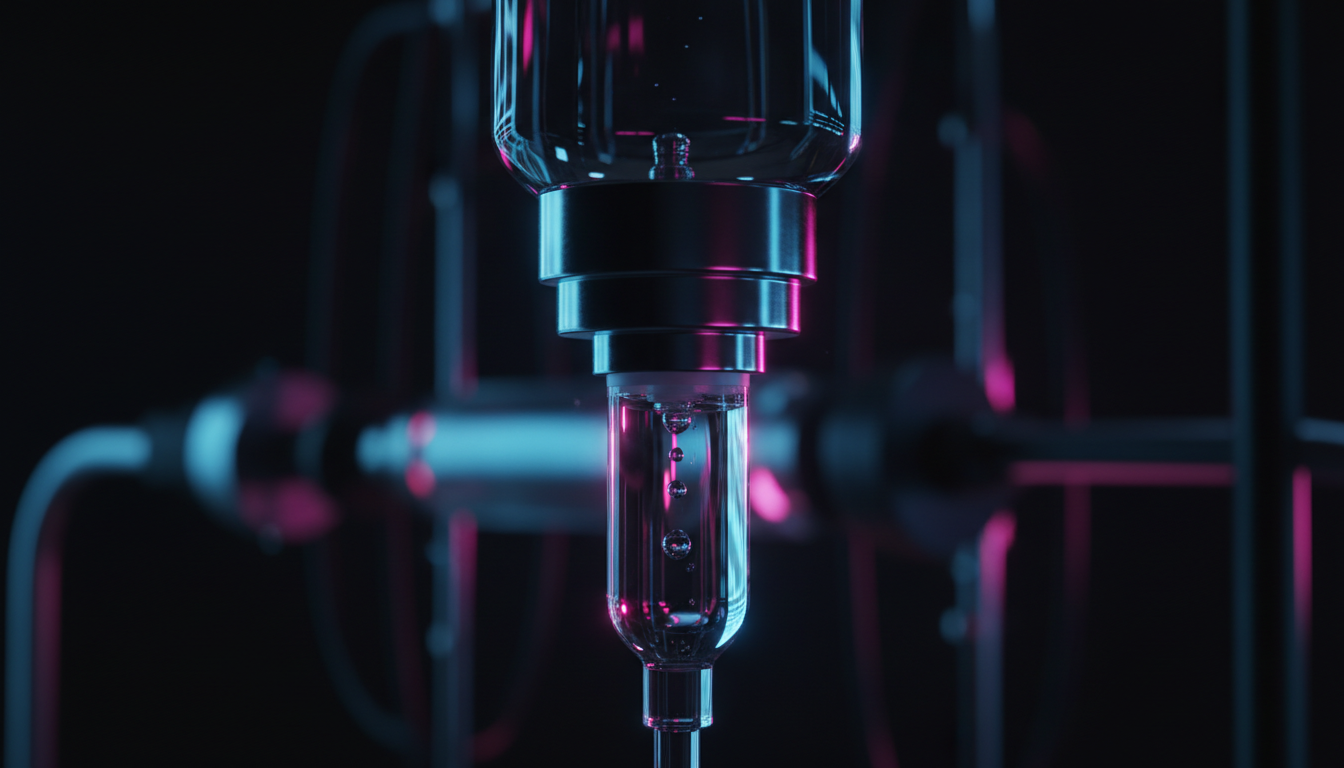 IV drip with neon reflections in dark clinical setting