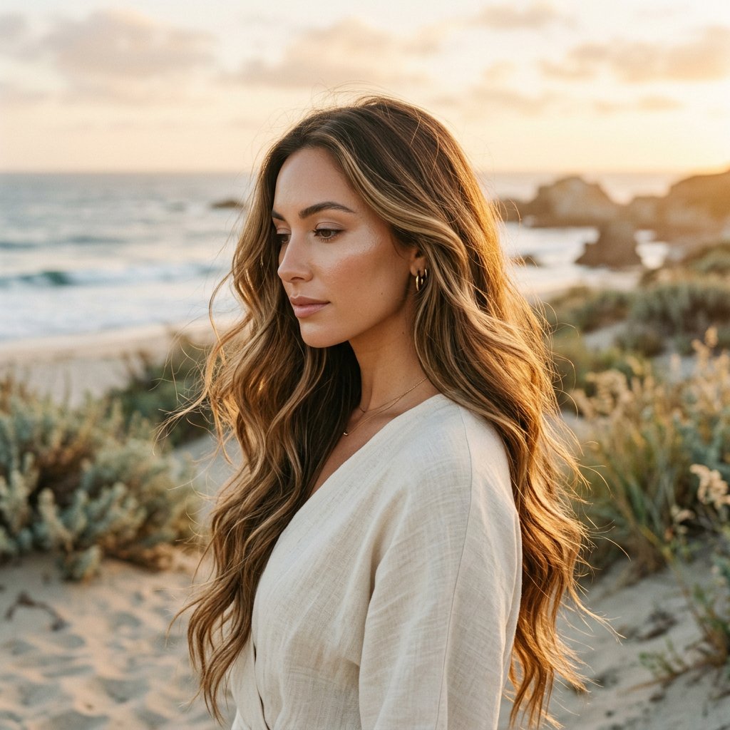 Client with beach-waved hair extensions at golden hour