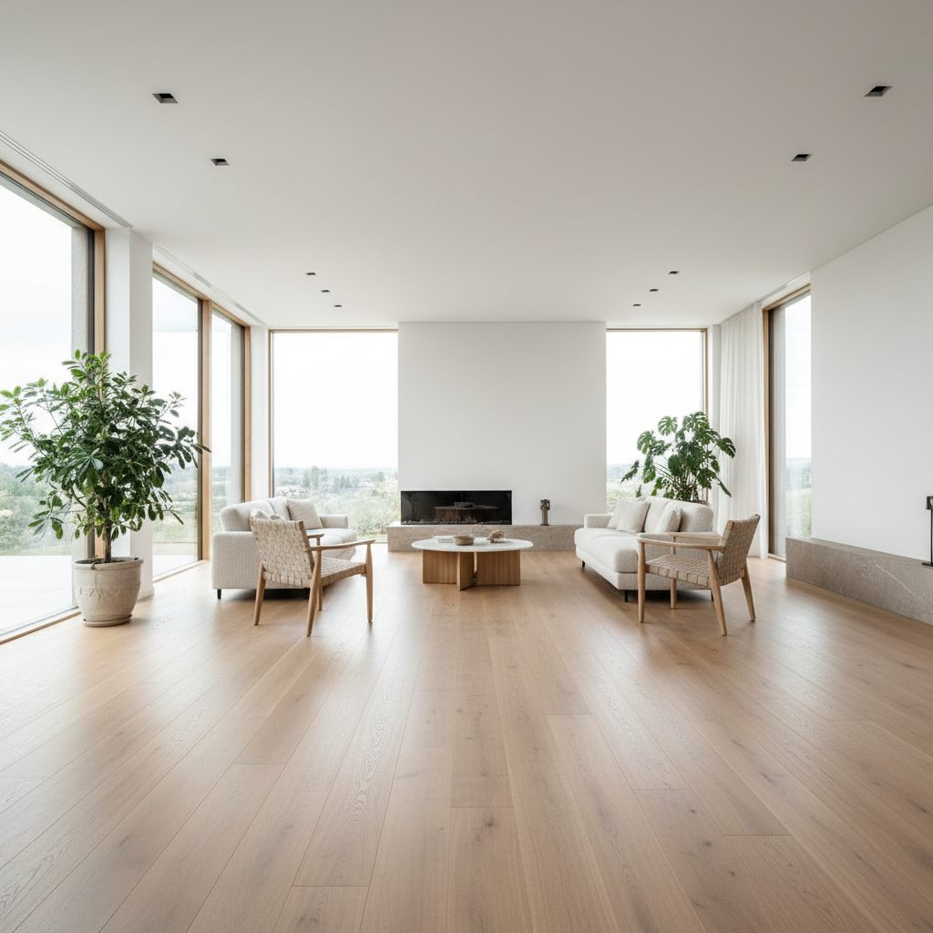 Engineered white oak flooring in a luxury interior