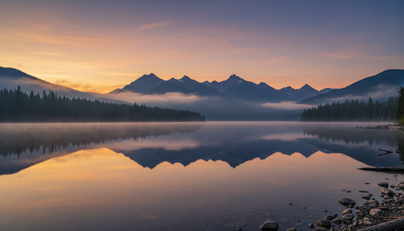 Coeur d'Alene mountains reflecting in lake at sunset