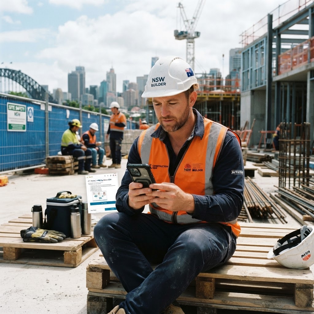 NSW builder completing online course on a mobile phone