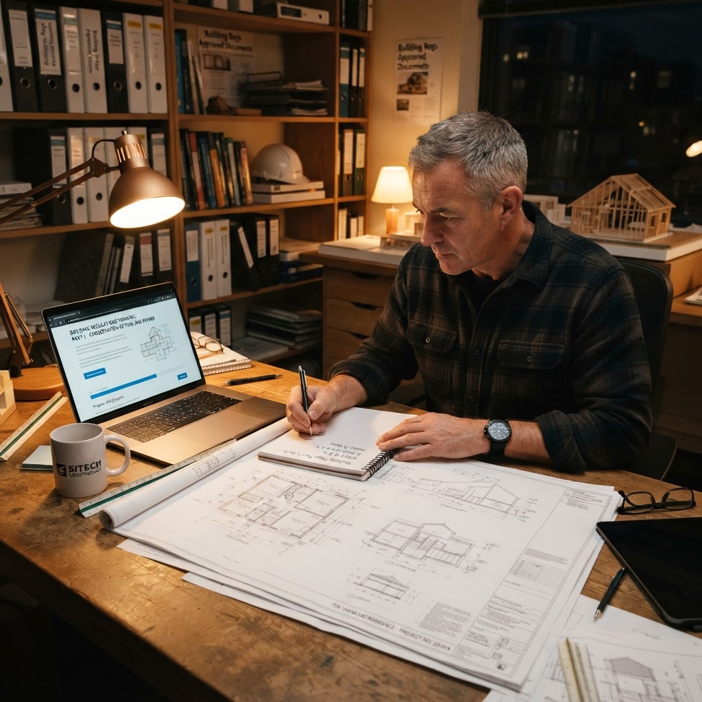 Blueprints next to a laptop displaying online building training