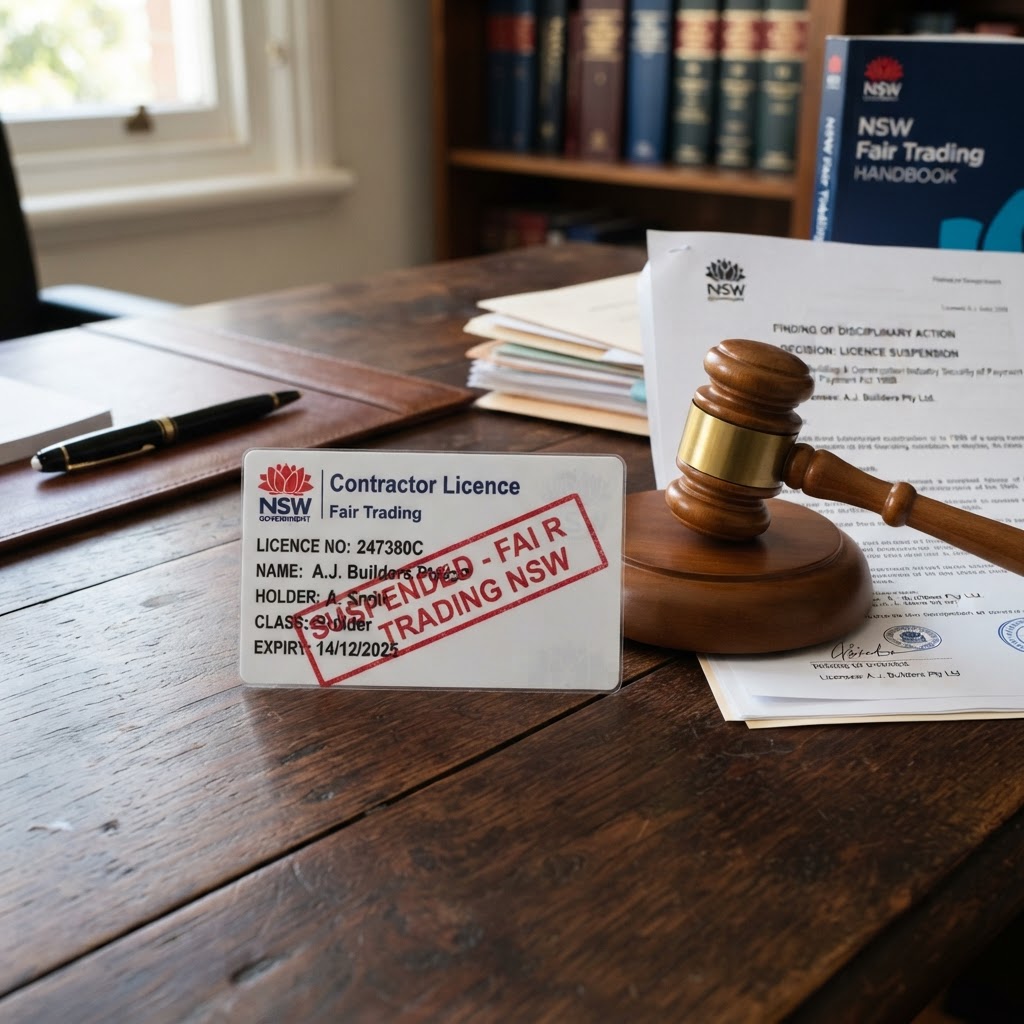 NSW contractor licence card and legal documents showing suspension — Builders CPD Online RTO 91528