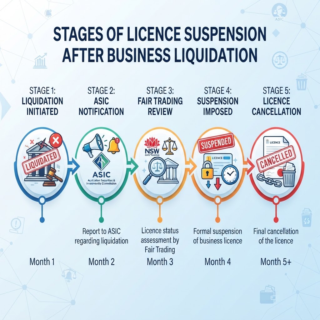 Timeline of licence suspension stages from insolvency to cancellation — NSW Fair Trading process