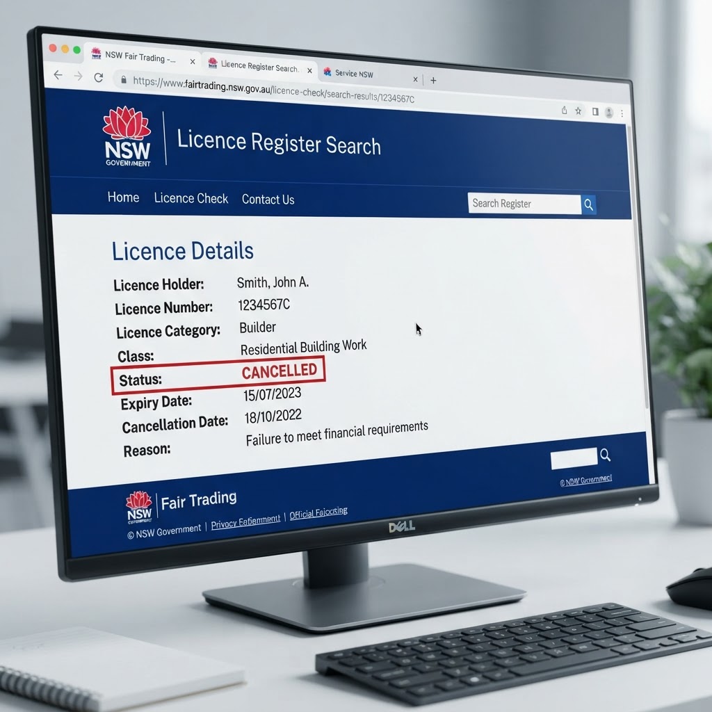 Fair Trading licensing register showing cancelled licence status — checking NSW contractor status online